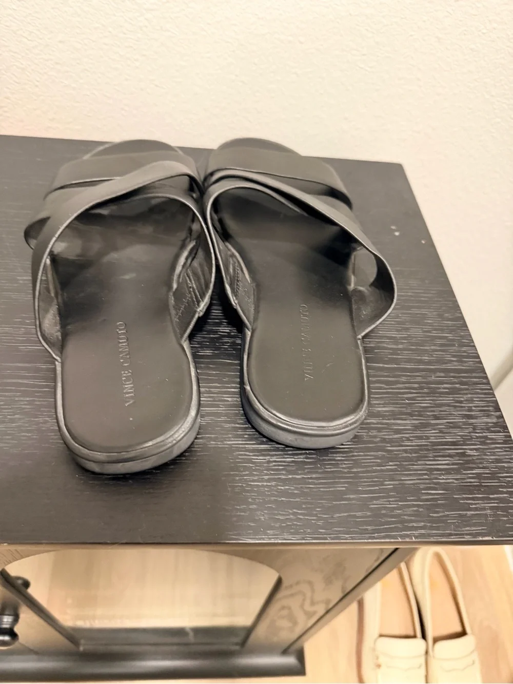Vince Camuto Black Leather Crisscross Slide Sandals